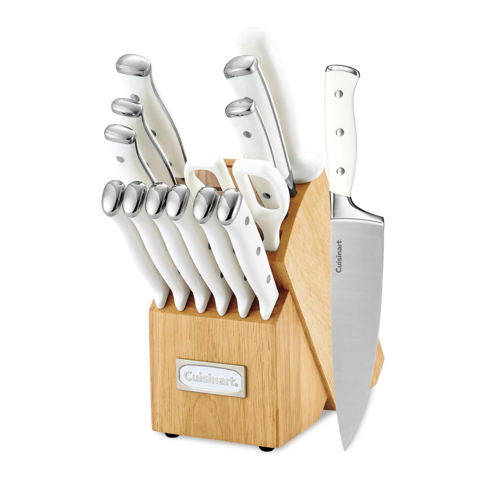 Cuisinart Classic Forged triple rivet chef knife in block ready for precise slicing.