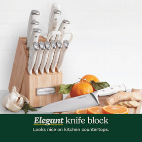 Cuisinart santoku knife in block for versatile chopping and mincing.