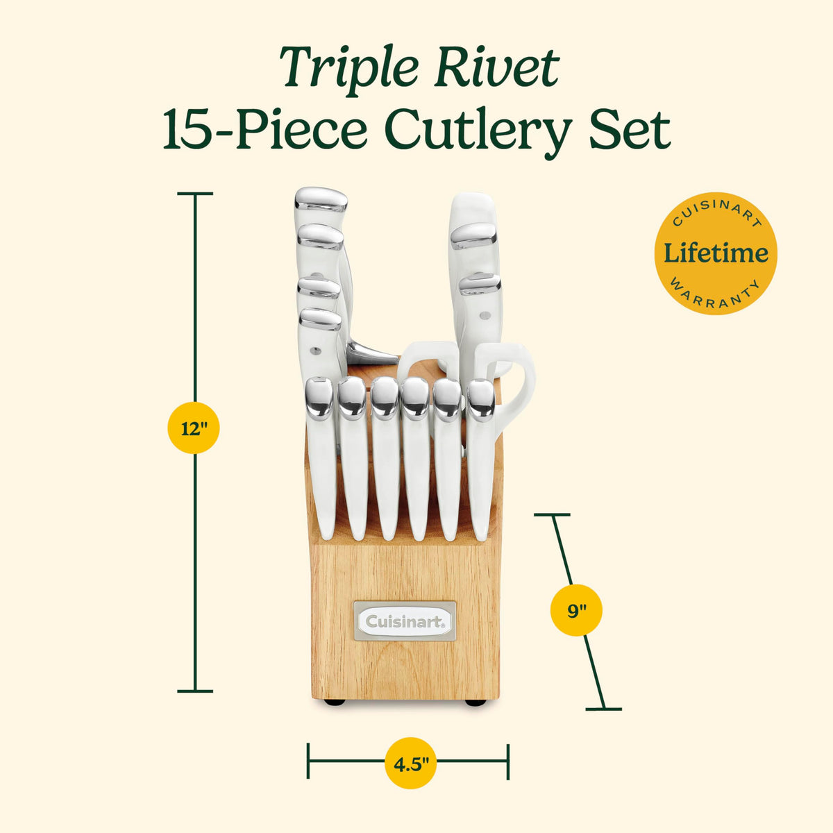 Cuisinart steak knives in block set for even, comfortable table slicing.