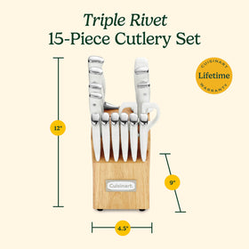 Cuisinart steak knives in block set for even, comfortable table slicing.