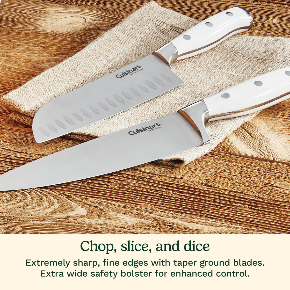 Cuisinart utility knife in block designed for trimming vegetables with control.