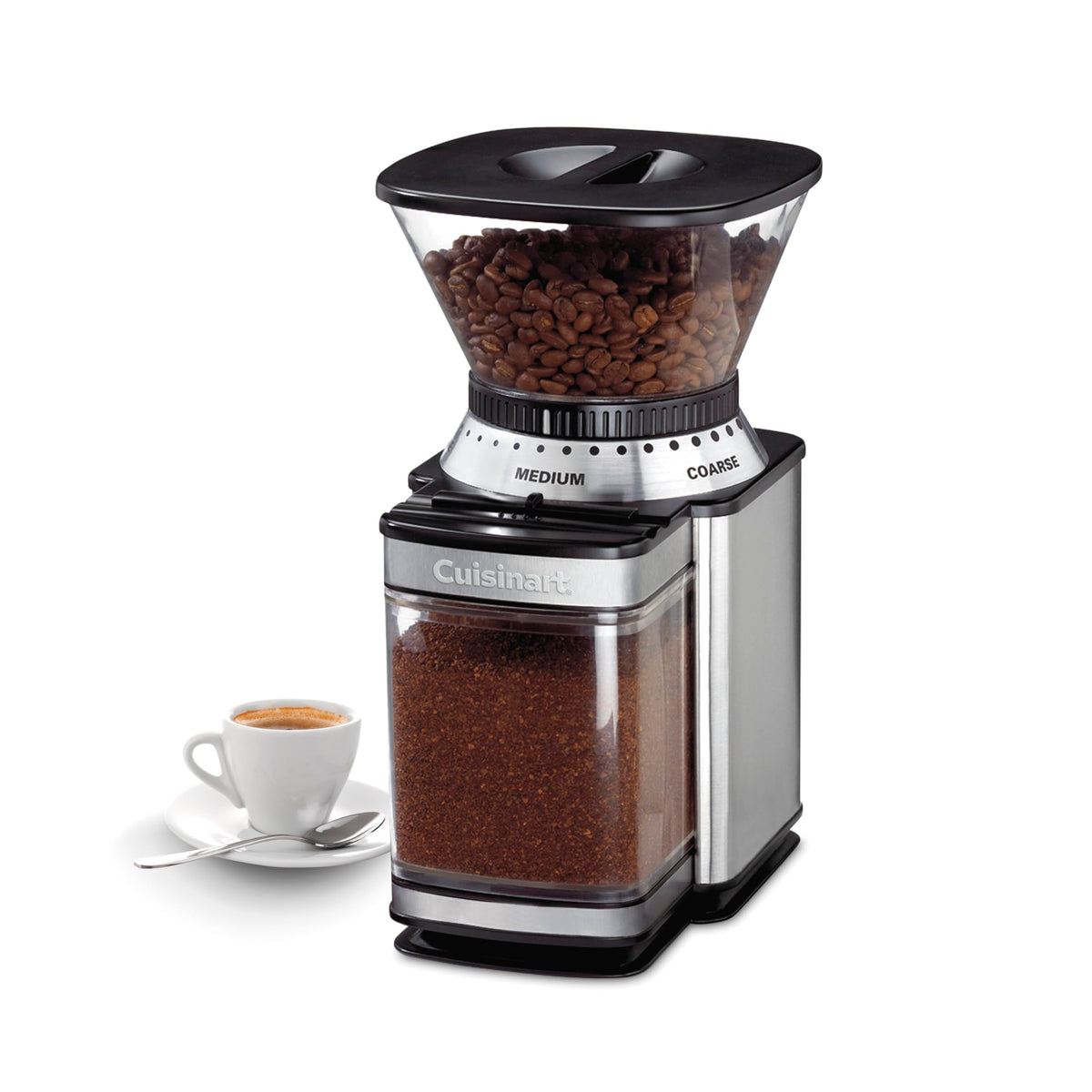 Cuisinart coffee grinder with 18-position dial for precise grind consistency.