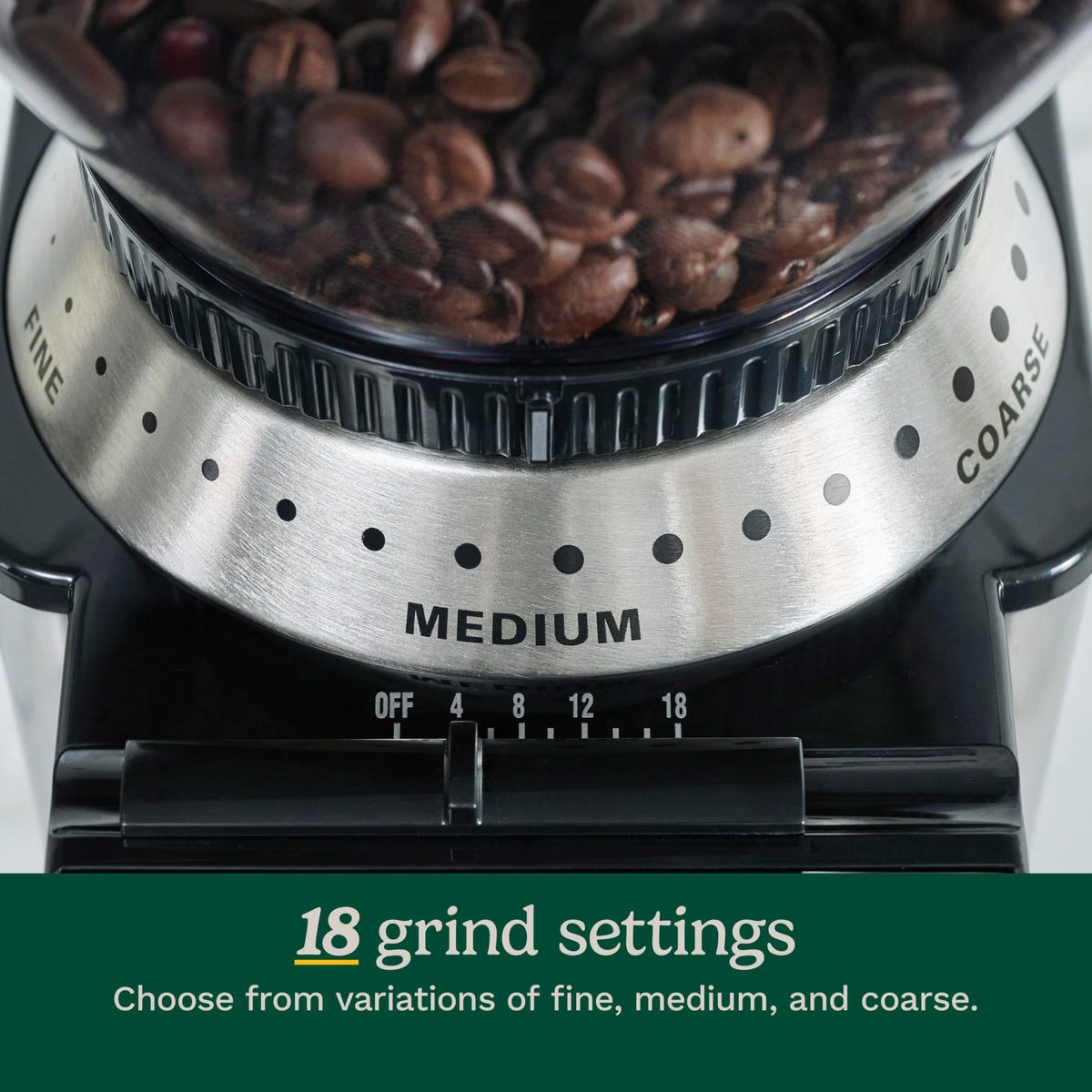 Cuisinart coffee grinder with 8 oz hopper removable for quick loading.