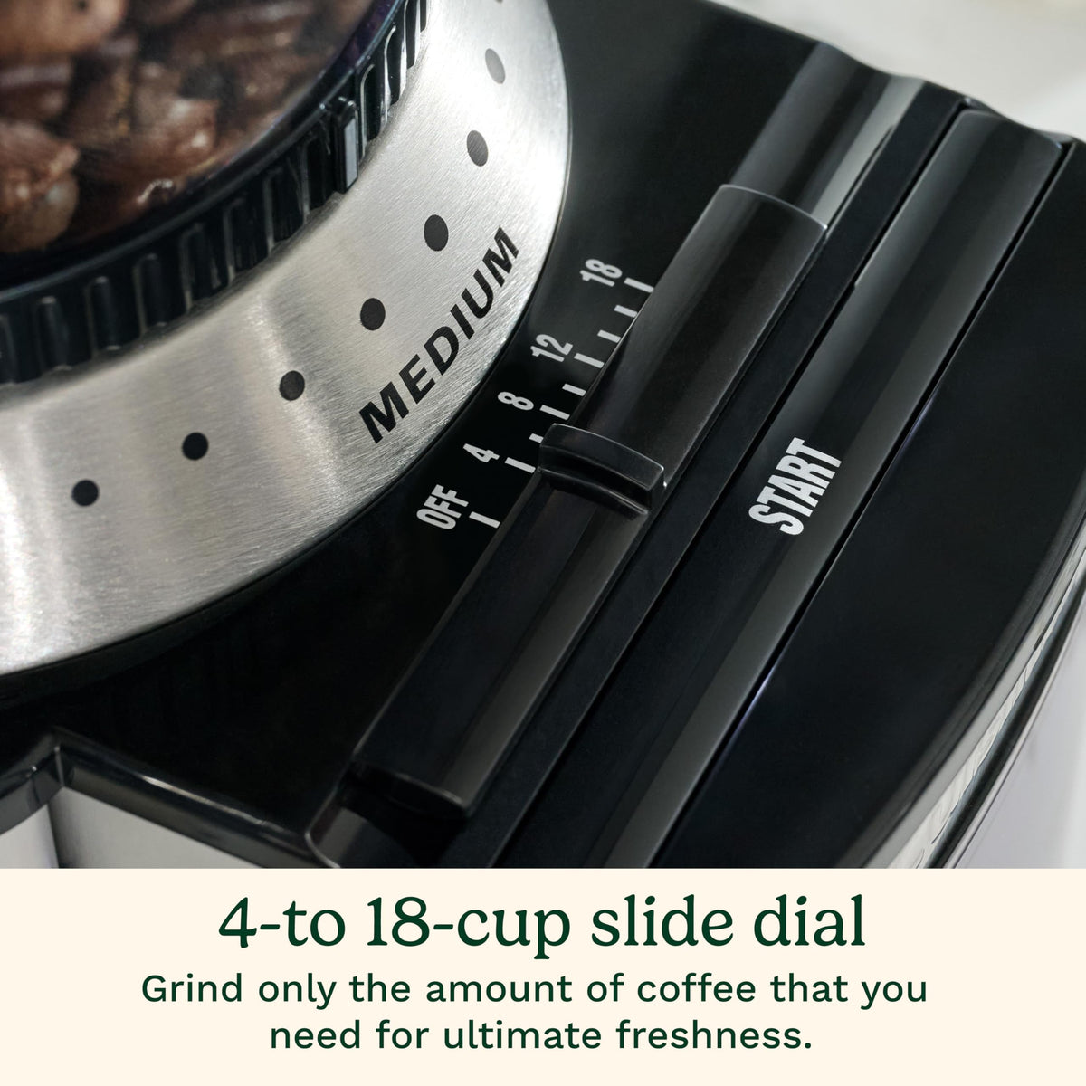 Cuisinart cup-size selector grinds 4–18 cups to fit your brew.