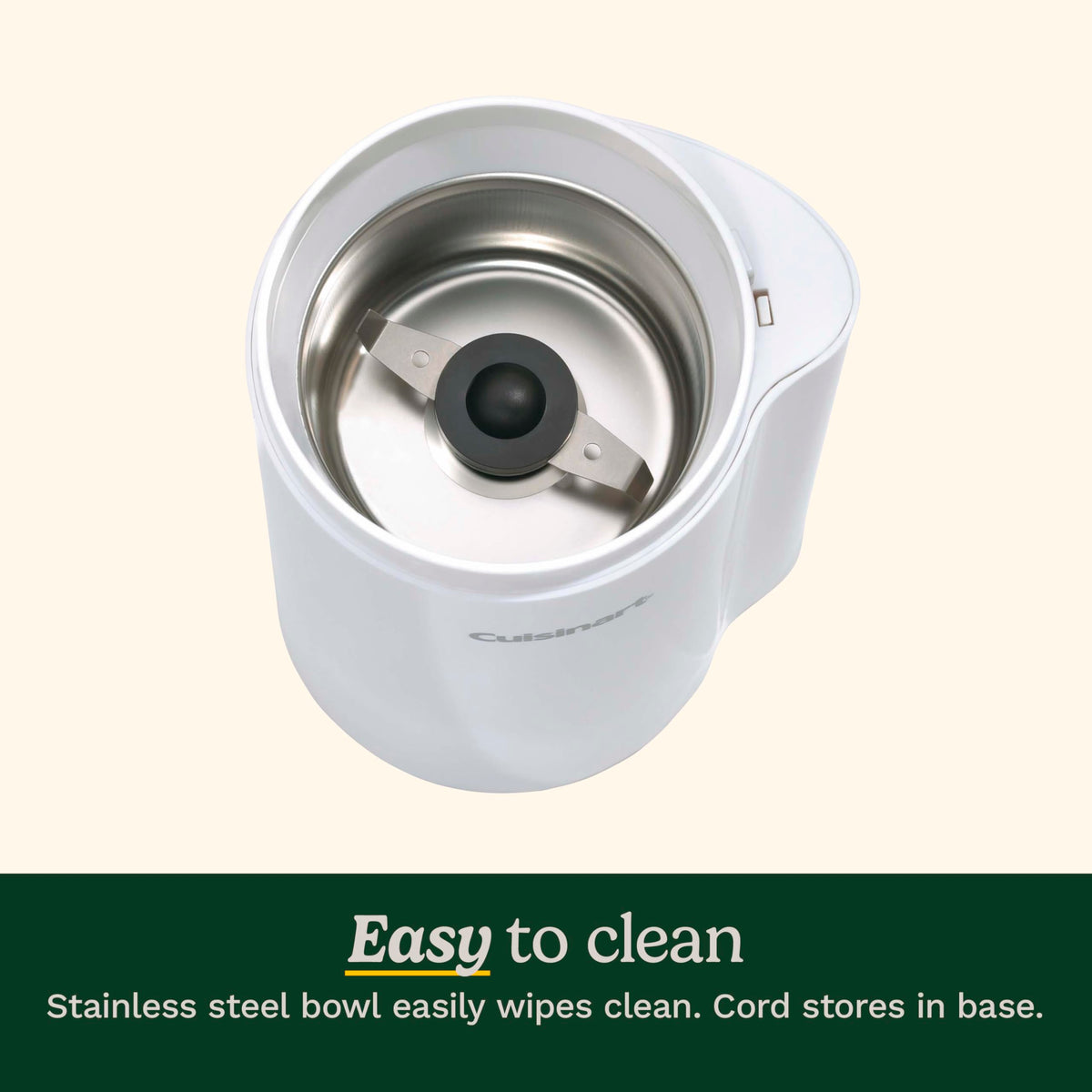 Cuisinart easy-clean bowl and lid for quick maintenance after grinding.