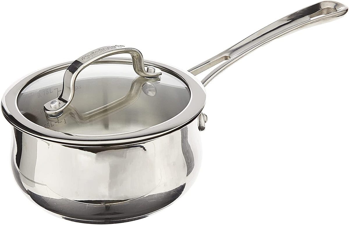 Cuisinart Contour stainless 1-qt saucepan with cover showing compact size and even heat preparation