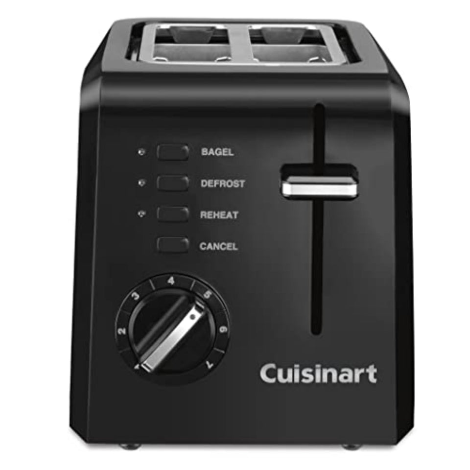 Cuisinart CPT-122BK toaster front view showcasing compact design for small spaces
