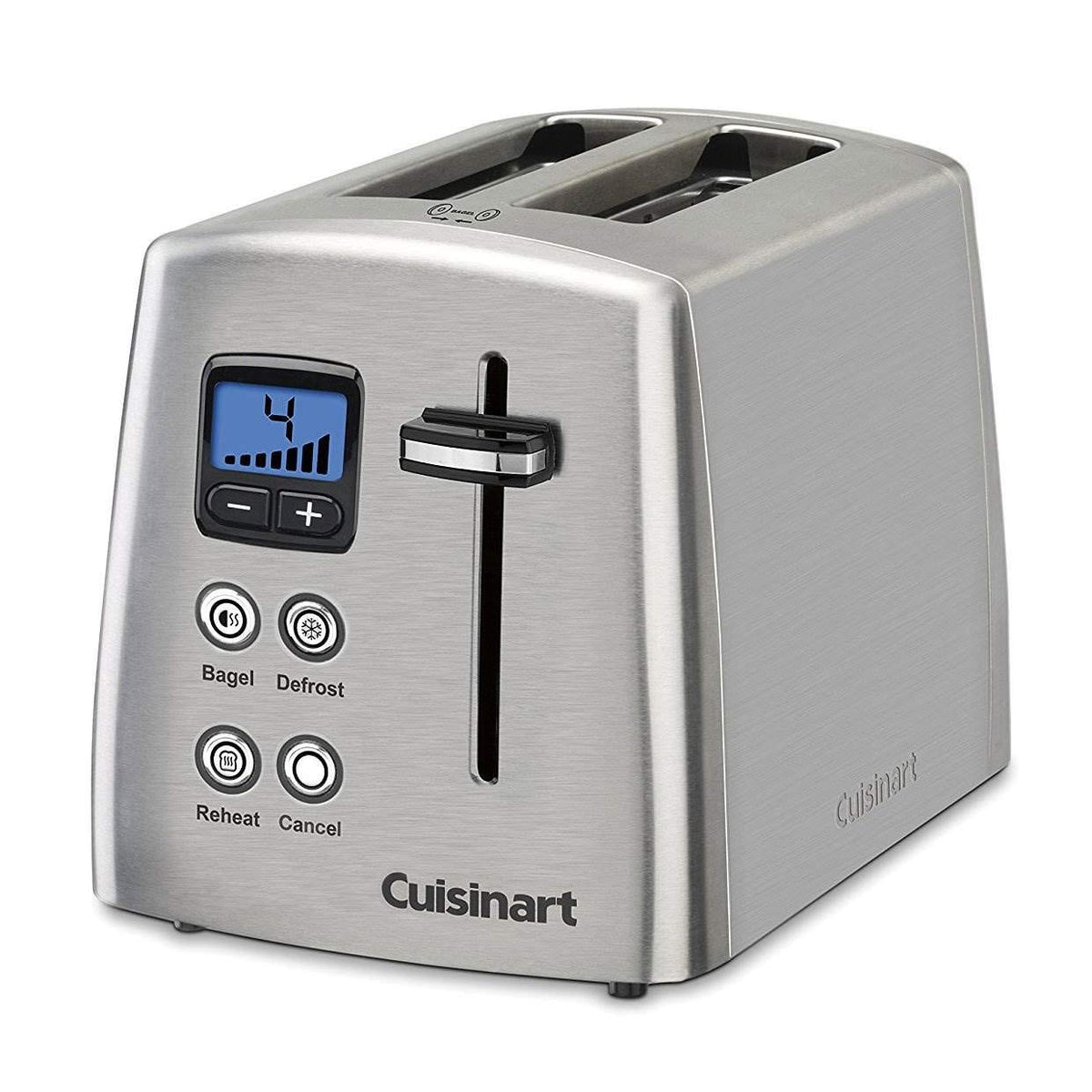 Cuisinart CPT-415P1 countdown toaster front view with 2-slice slots and digital timer