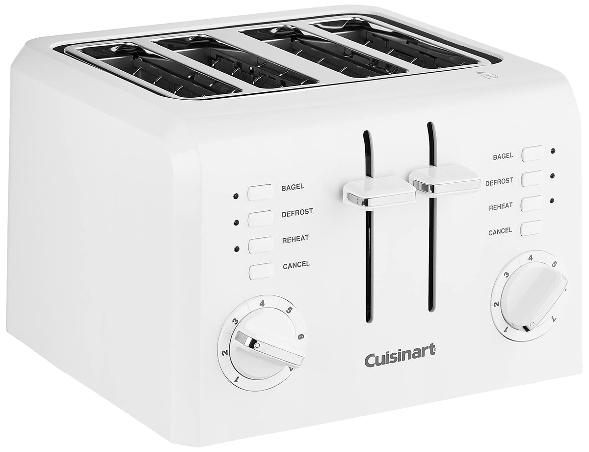 Cuisinart CPT-142P1 front view shows the compact toaster on a small counter.