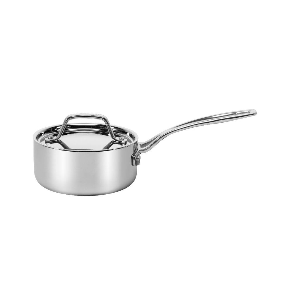 Cuisinart Custom Clad 1 Qt Saucepan with lid on delivers even heat for sauces