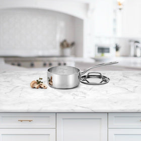 Cuisinart Custom Clad 1 Qt Saucepan side view shows an ergonomic cool grip handle