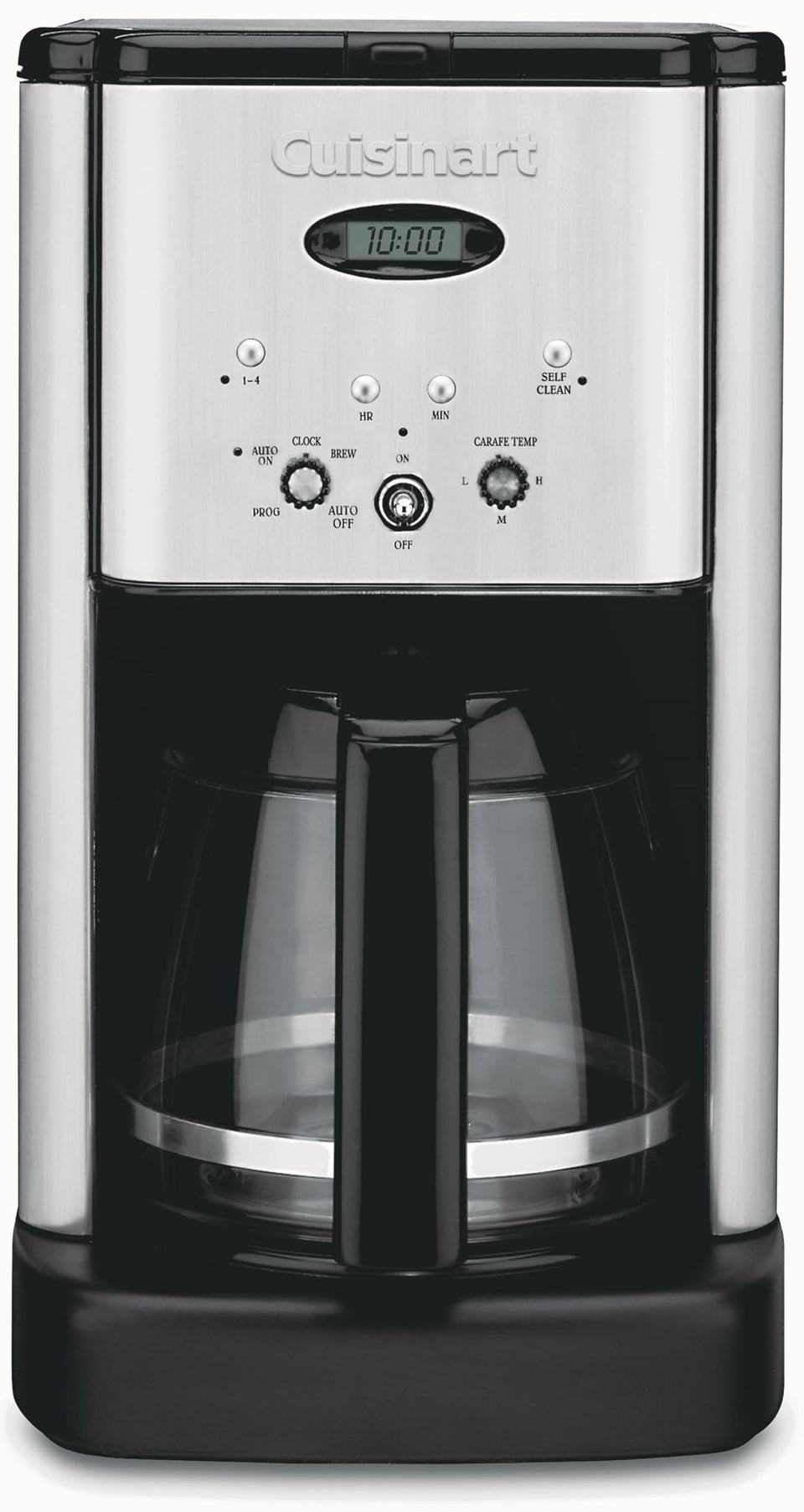 Cuisinart DCC-1200P1 front view with brushed chrome finish for a stylish kitchen.