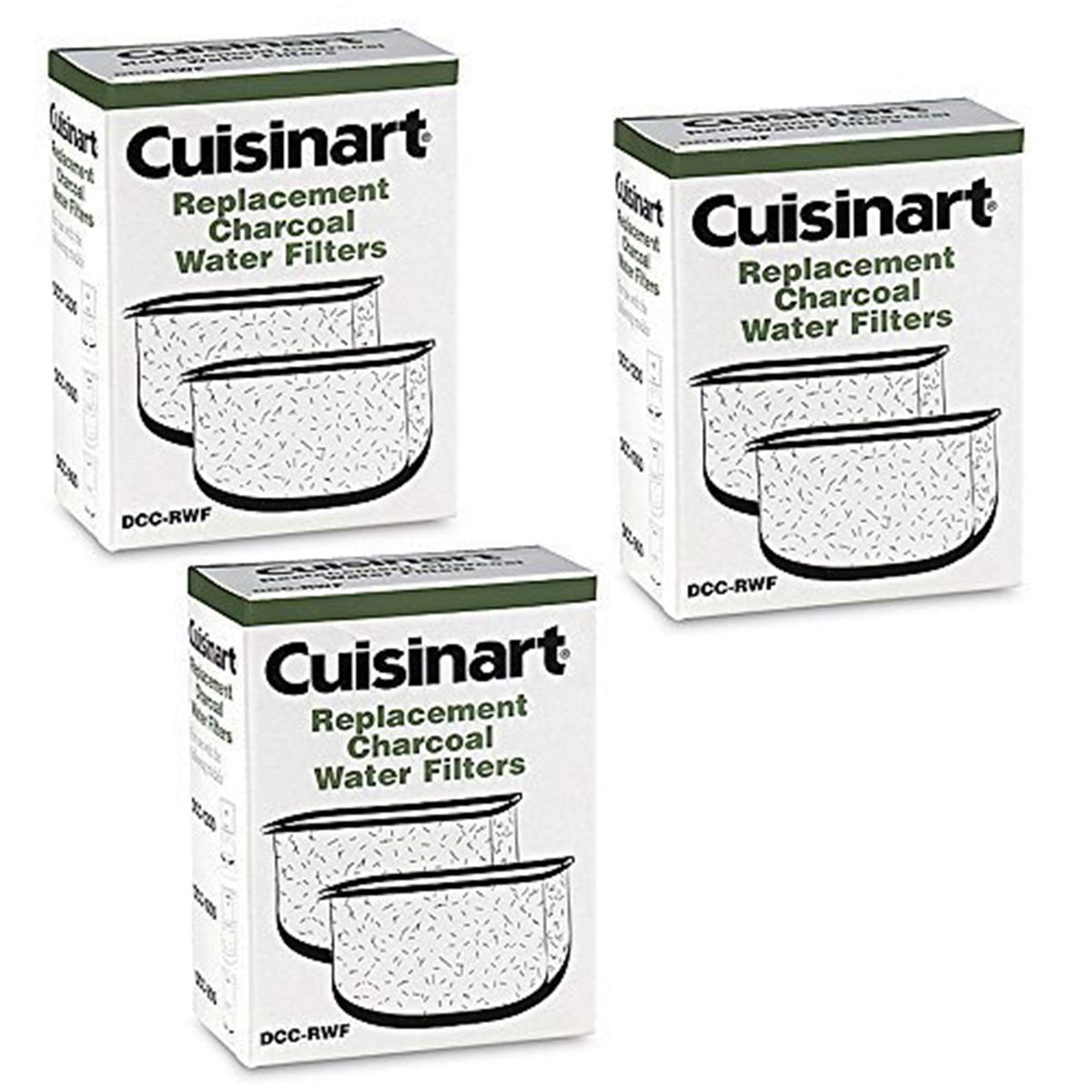 Cuisinart DCC-RWF triple-pack charcoal filters in retail box for richer coffee.