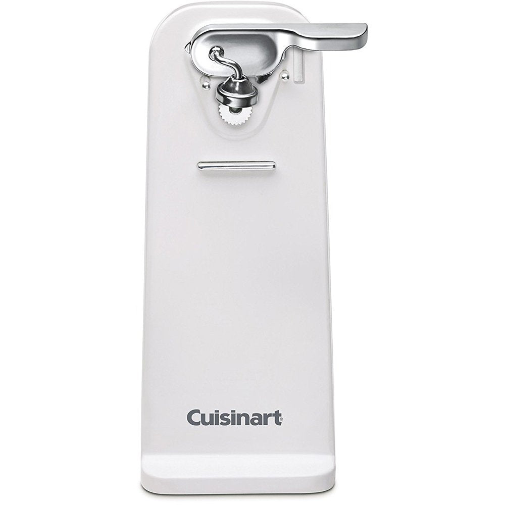 Cuisinart Deluxe Electric Can Opener on a white counter with a stable base and one-touch opening