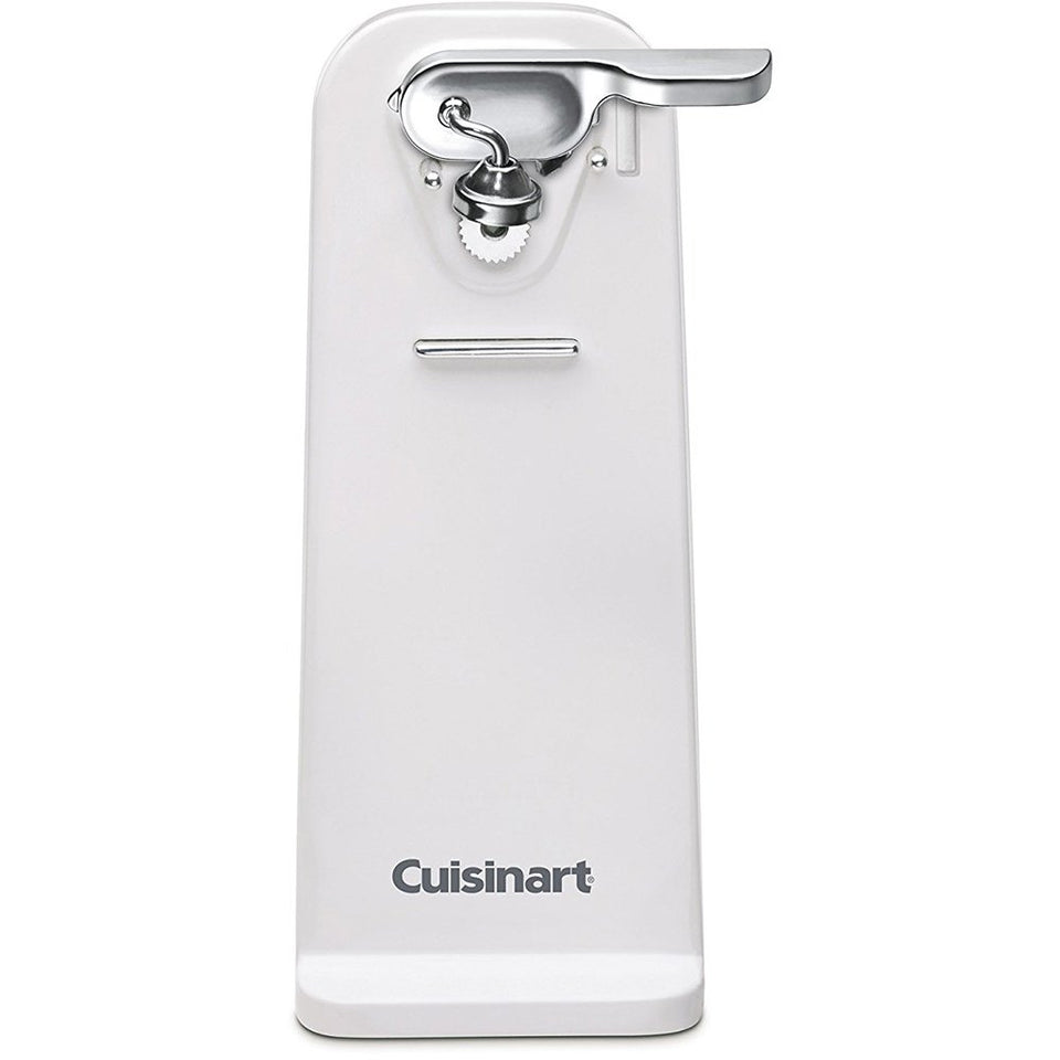 Cuisinart Deluxe Electric Can Opener on a white counter with a stable base and one-touch opening