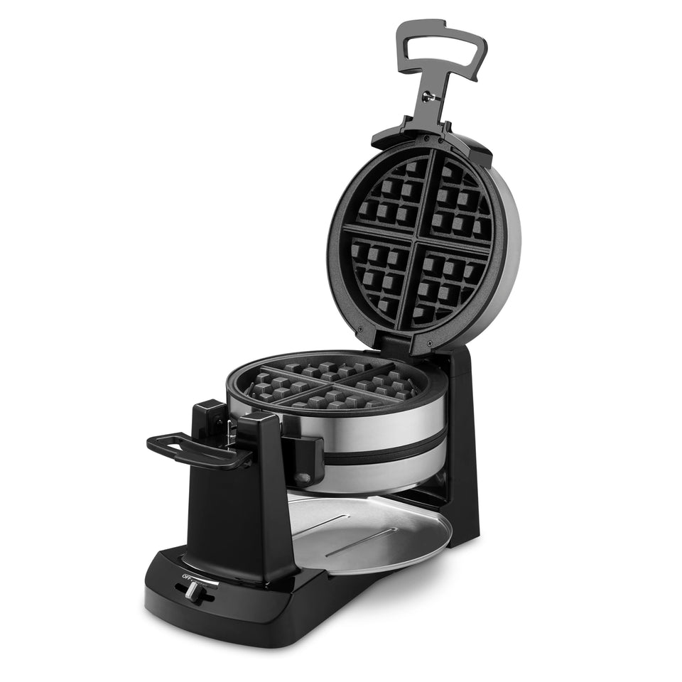 Cuisinart double-flip waffle maker front view, two waffles at once for quick breakfasts.