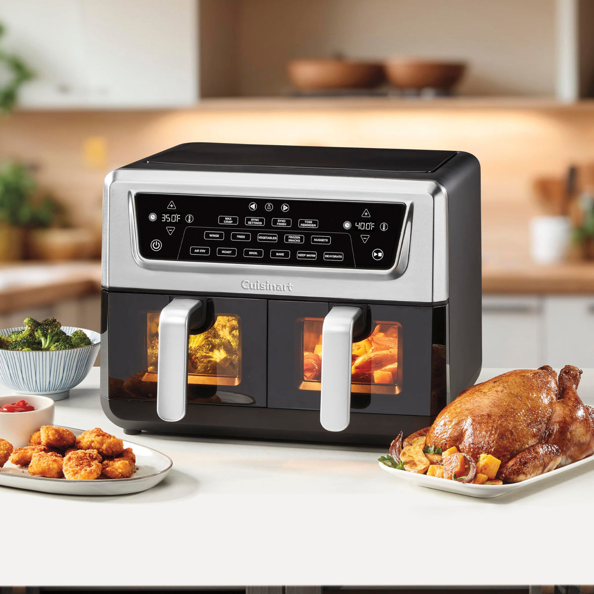 Cuisinart dual basket air fryer two baskets demonstrate batch cooking with independent temperatures