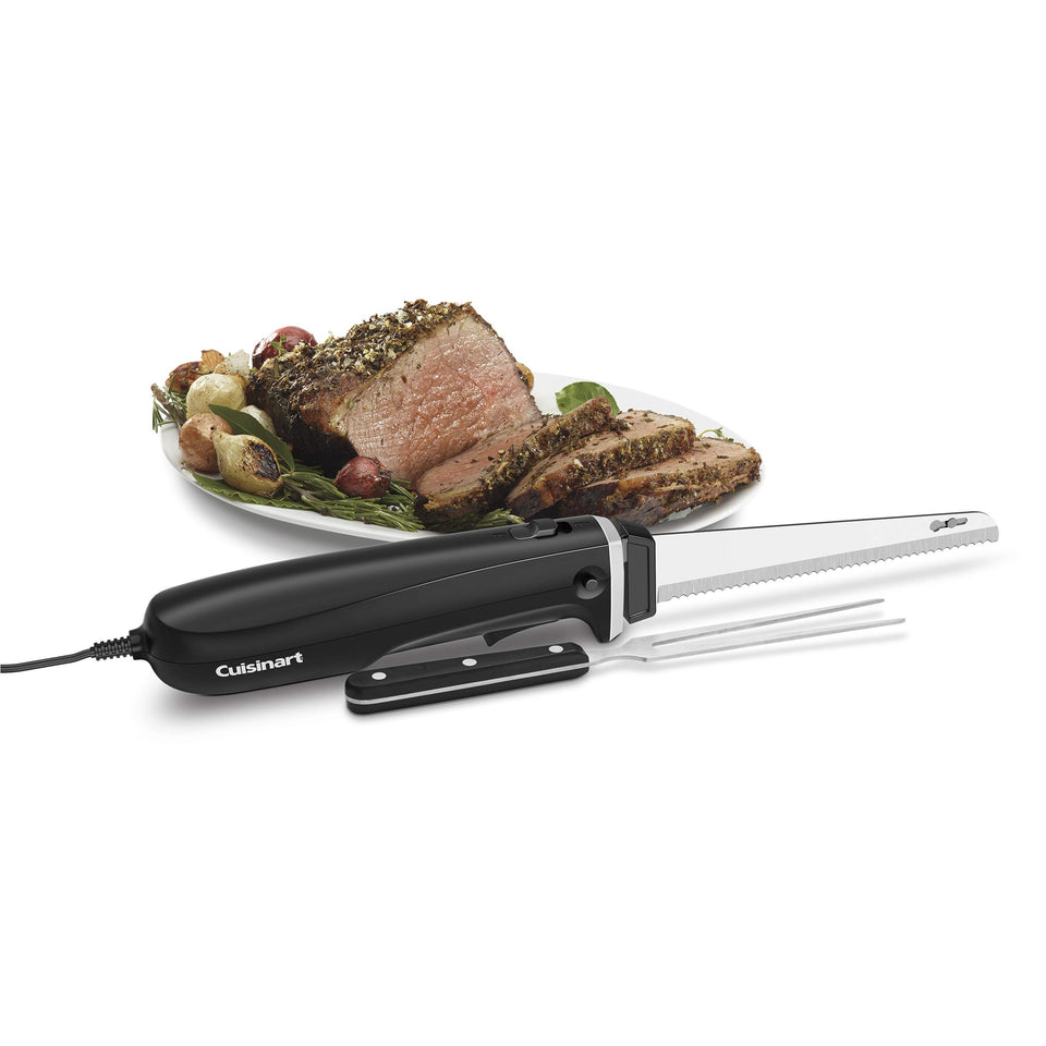 Cuisinart electric knife set with cutting board for quick, even bread and meat slicing.
