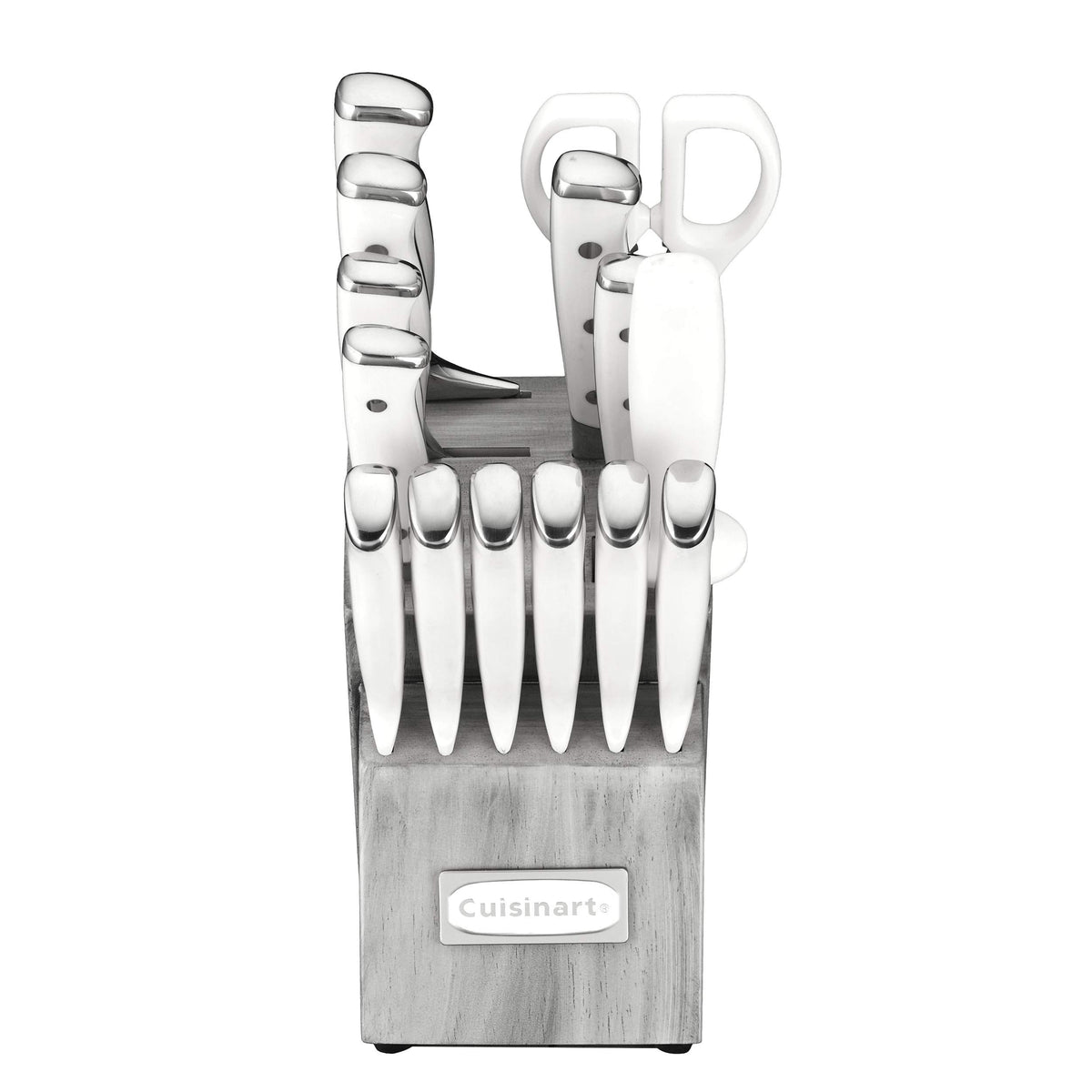 Cuisinart ergonomic triple-rivet handle close-up emphasizes stable control during prep.