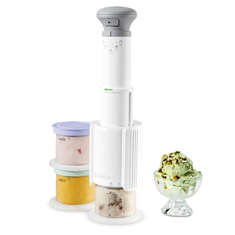 Cuisinart FastFreeze ice cream maker top view, compact design ideal for small spaces.