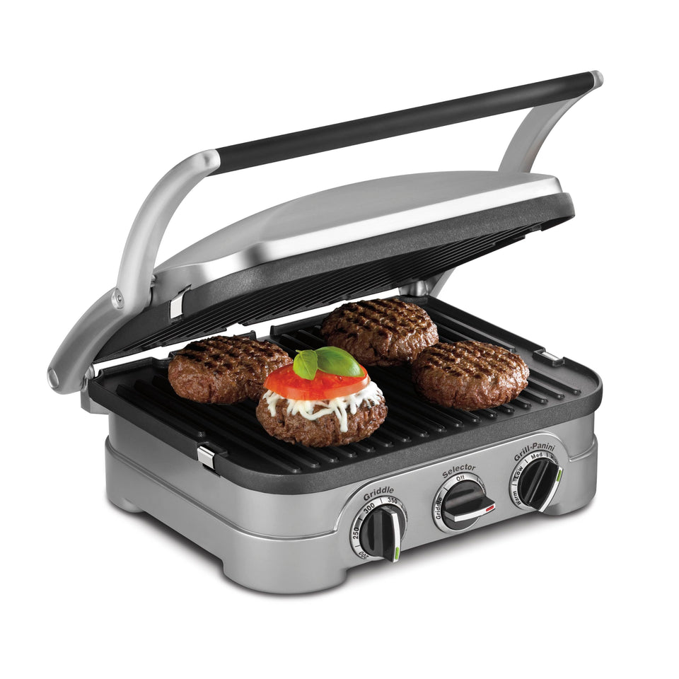 Cuisinart Griddler with open cover shows versatile nonstick plates for easy grilling.