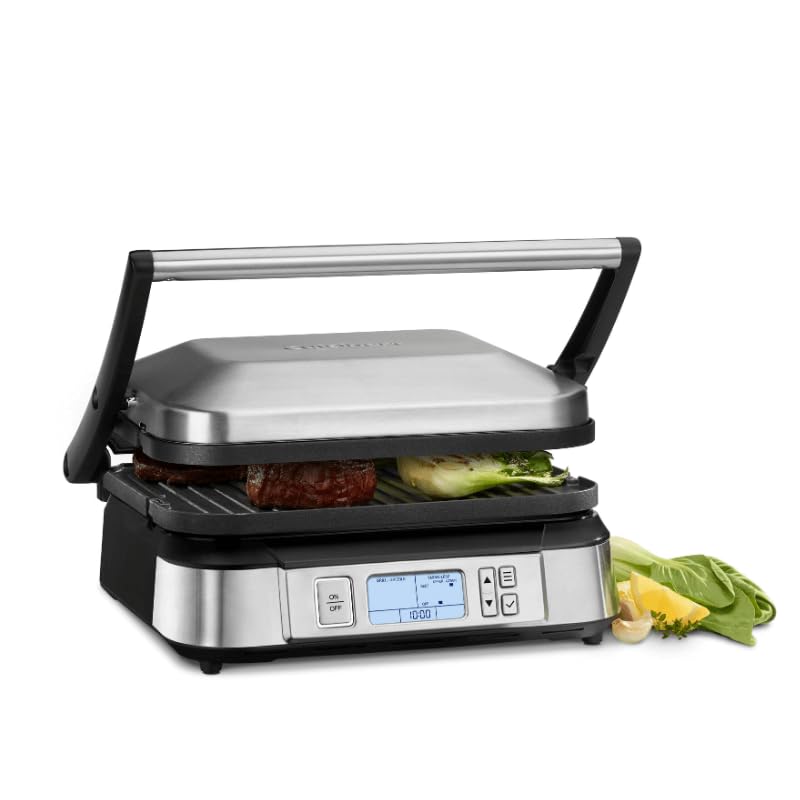 Cuisinart Griddler smoke-less mode setup showcases compact indoor grilling with minimal smoke.