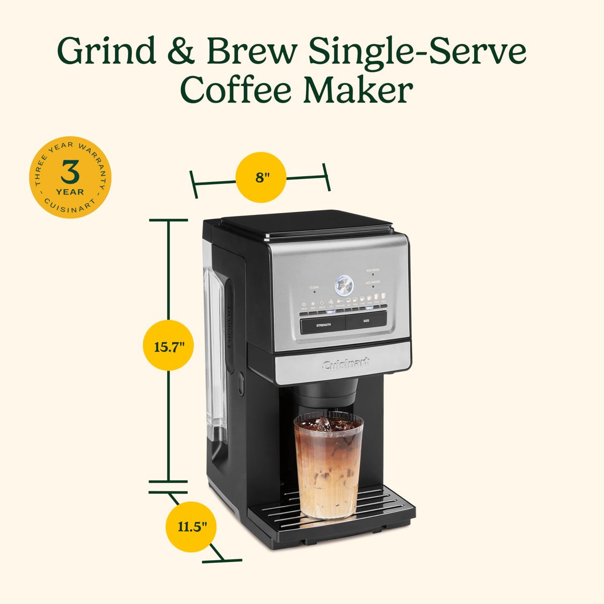 Cuisinart Grind & Brew DGB-30 removable drip tray fits mugs and travel cups.