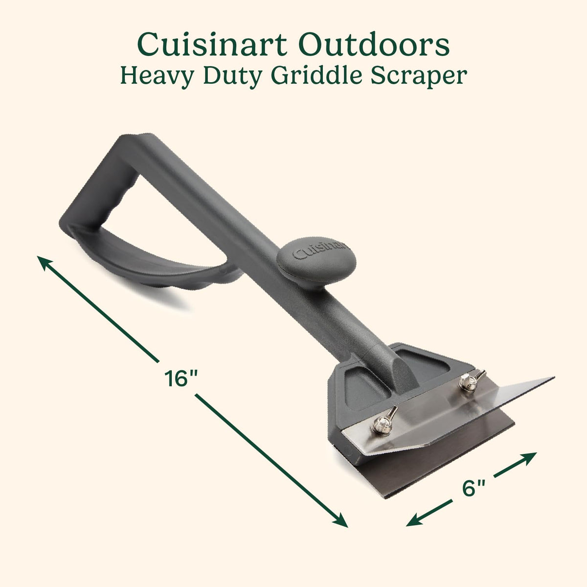 Cuisinart heavy-duty griddle scraper with splash guard to prevent grease spray during cleaning.