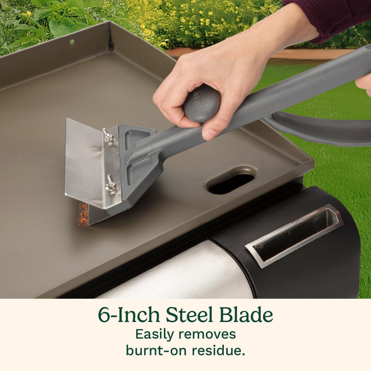 Cuisinart heavy-duty griddle scraper demonstrating versatile cleaning on grills and flat tops.