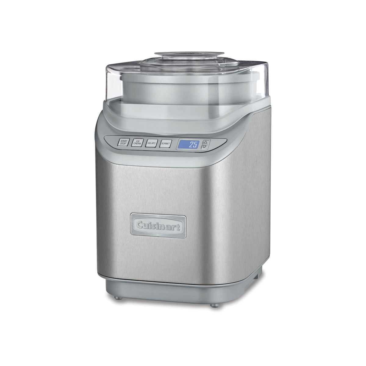 Cuisinart ice cream maker in stainless steel, front view for easy at-home treats.