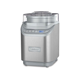 Cuisinart ice cream maker in stainless steel, front view for easy at-home treats.