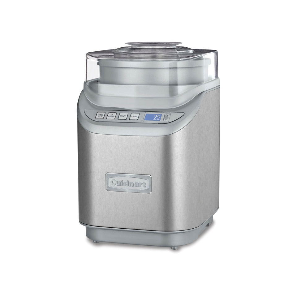 Cuisinart ice cream maker in stainless steel, front view for easy at-home treats.