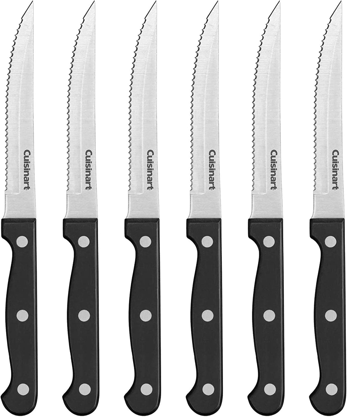 Cuisinart 6pc steak knife set showing full-tang blades and riveted handles for precise cuts