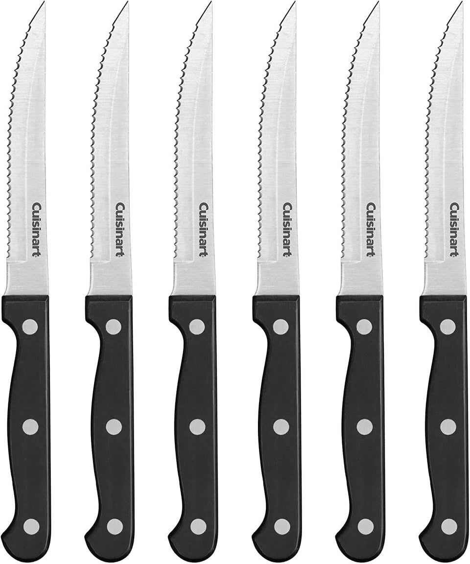 Cuisinart 6pc steak knife set showing full-tang blades and riveted handles for precise cuts