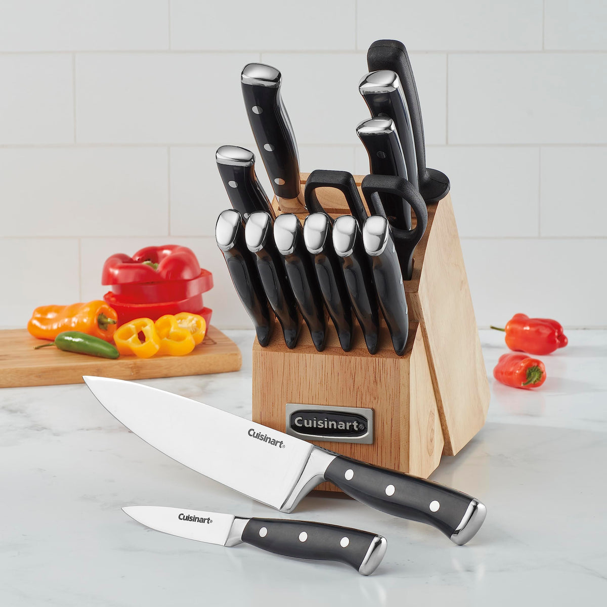 Cuisinart knives with stainless blades—close-up of precision-forged edge for clean cuts.