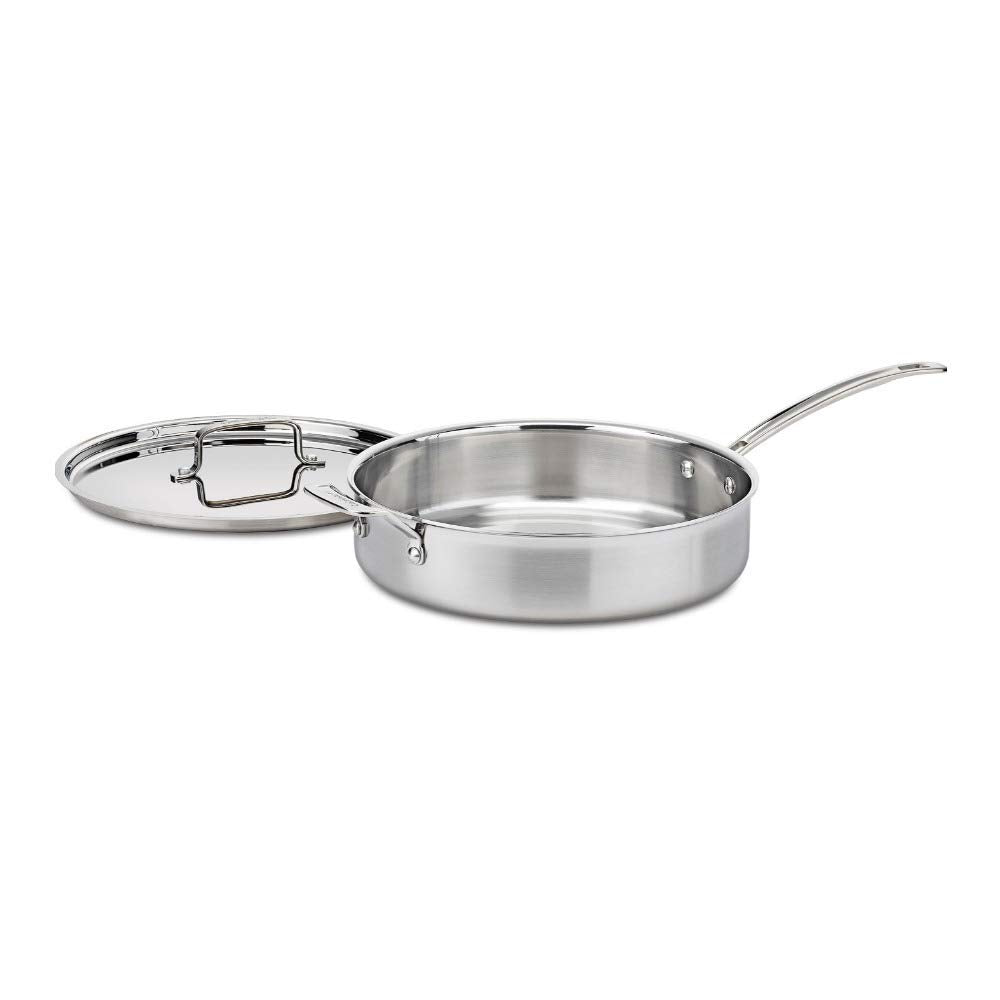 Cuisinart MCP33-30HN MultiClad Pro 5.5-quart saute pan with cover for even heating.