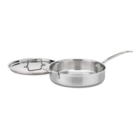 Cuisinart MCP33-30HN MultiClad Pro 5.5-quart saute pan with cover for even heating.