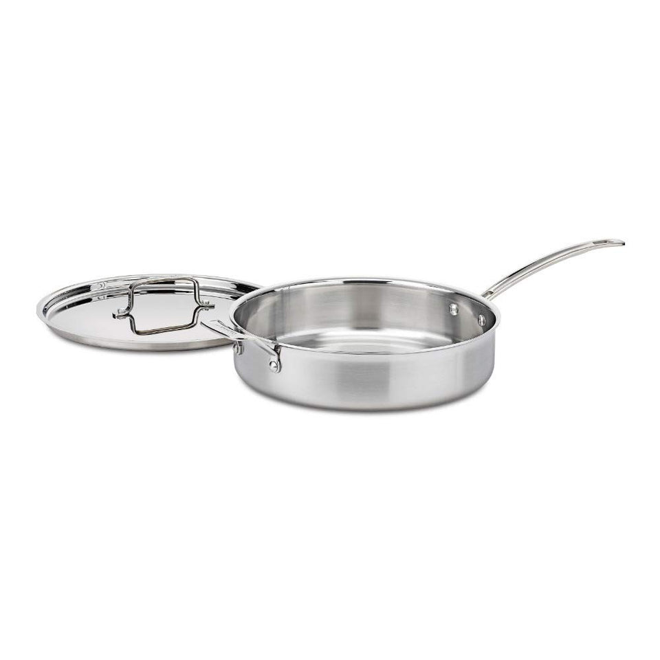 Cuisinart MCP33-30HN MultiClad Pro 5.5-quart saute pan with cover for even heating.