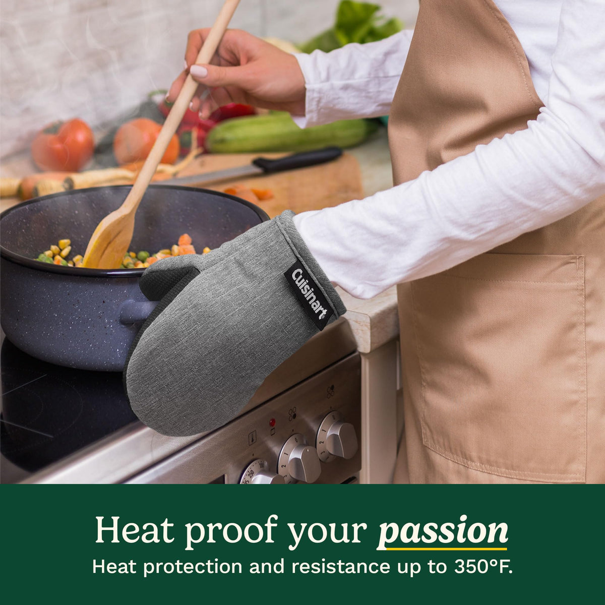 Cuisinart mini oven mitts fabric loop for hanging and quick reach.