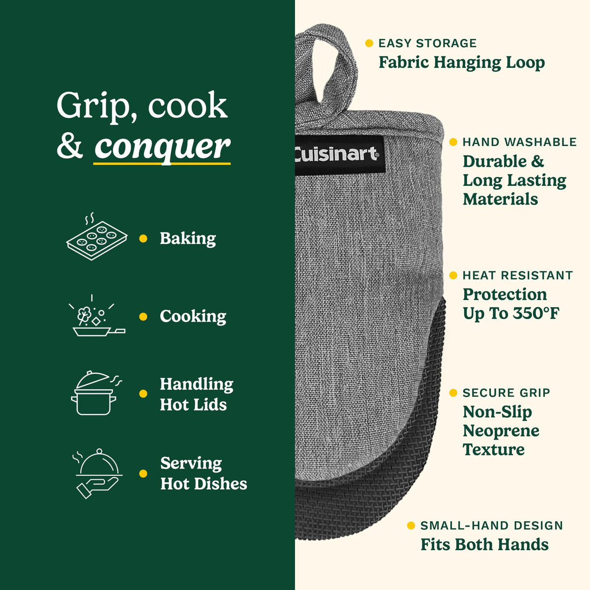 Cuisinart mini oven mitts compact size fits toaster ovens and small pans.