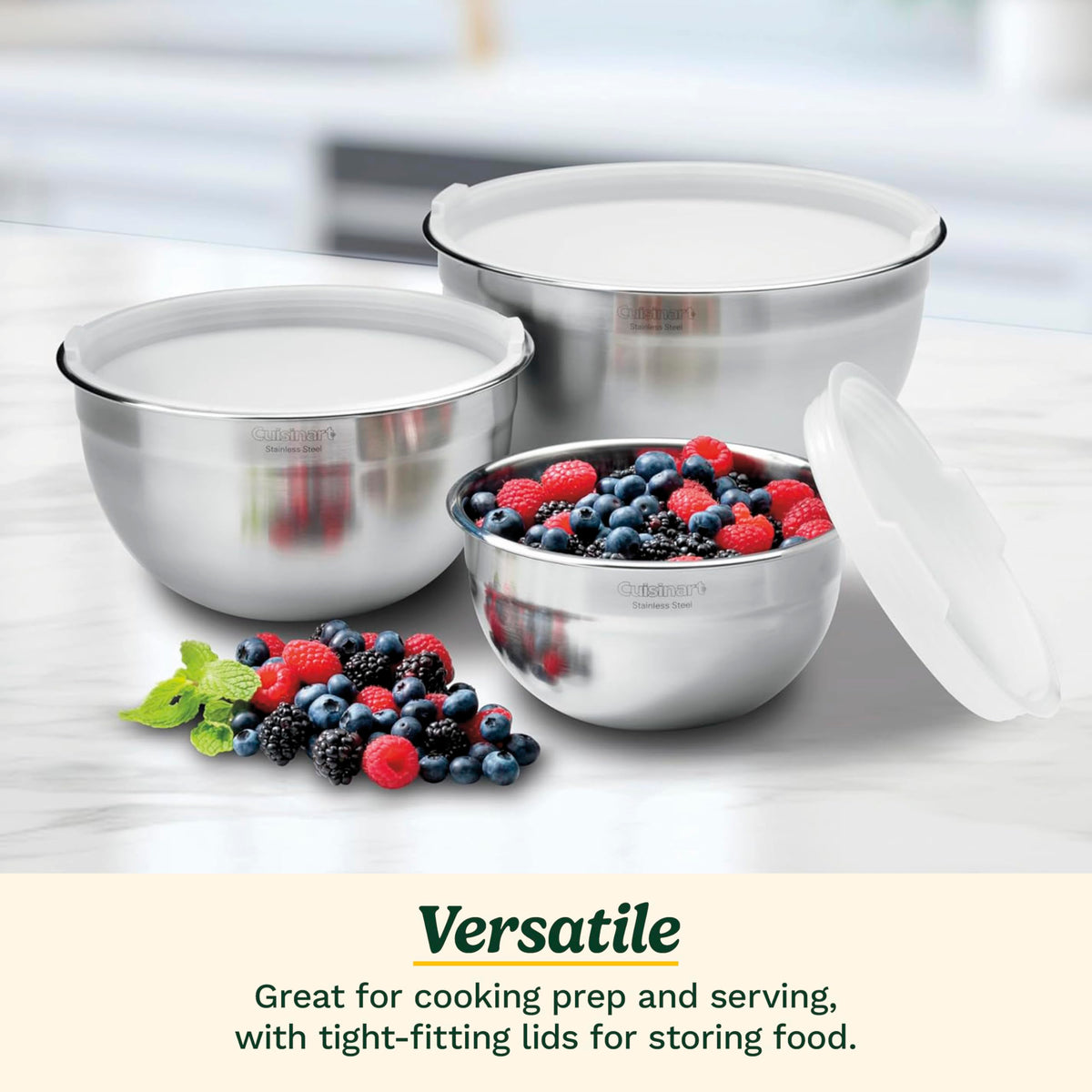 Cuisinart mixing bowl set 3-quart with lids for leftovers and prep