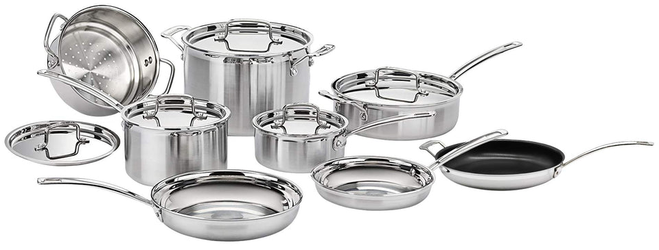 Cuisinart Multiclad Pro 13-piece set shows triple-ply construction for even heating and versatile cooking