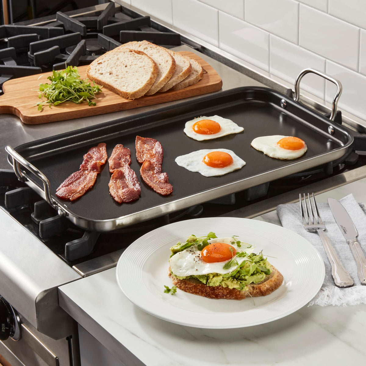 Cuisinart MultiClad Pro griddle interior with ceramic nonstick and induction compatibility.