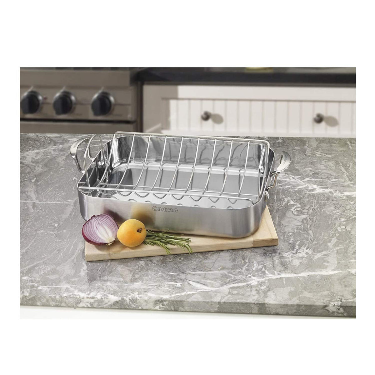 Cuisinart Multiclad Pro rectangular roaster with rack for safe handling and drip-free roasting.
