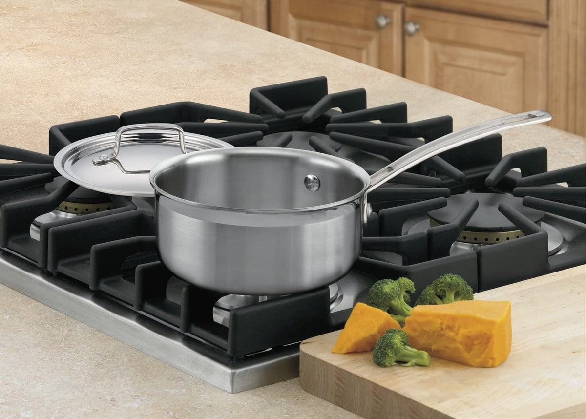 Cuisinart MultiClad Pro saucepan featuring a cool-grip handle for balanced lifting.