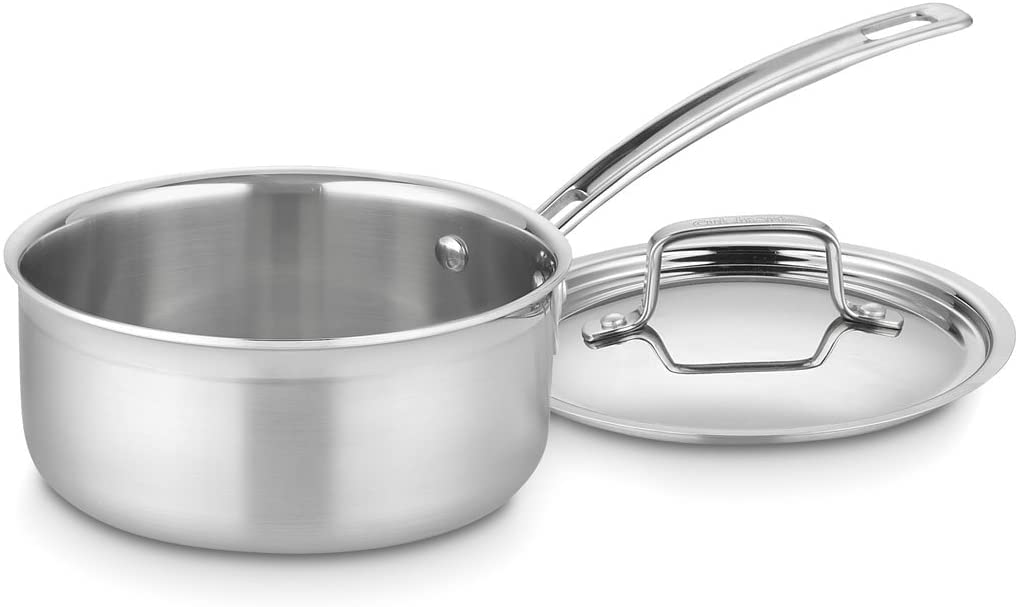 Cuisinart MultiClad Pro 1.5 qt saucepan with cover showing drip-free pouring and even heat.