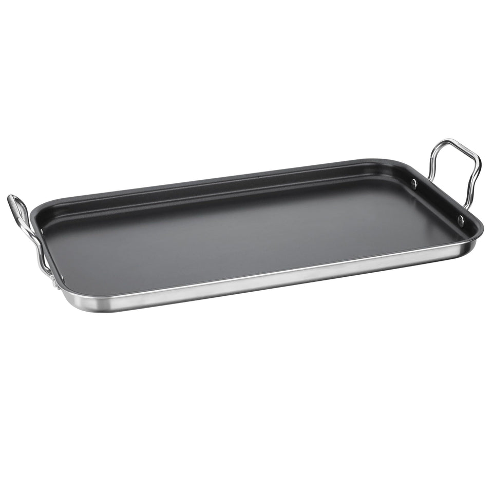 Cuisinart MultiClad Pro griddle top view shows even heat and cool-grip handles for safe cooking.