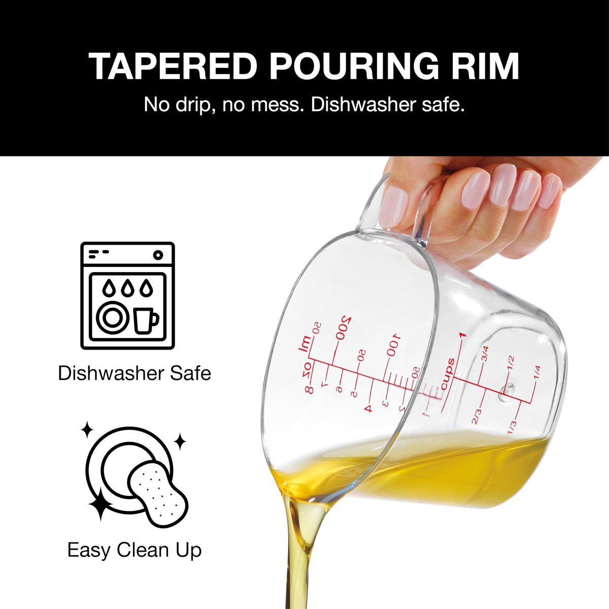 Cuisinart measuring cups showing tapered rim for drip-free pouring and easy cleanup