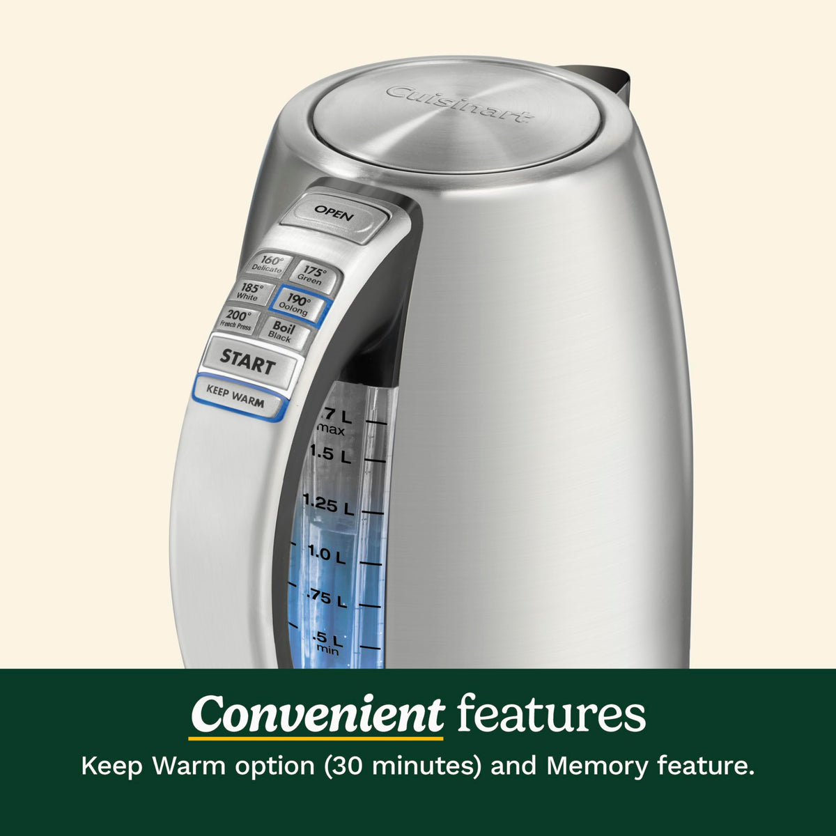 Cuisinart PerfecTemp 1.7L kettle keep-warm display highlighting 30-minute hold