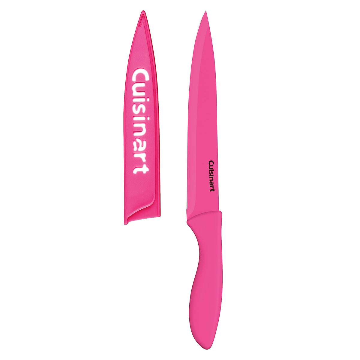 Cuisinart Pink 8in chef knife blade closeup for precise slicing.